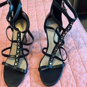 Aldo high heeled ankle strappy sandals with metal accents gold and silver toned